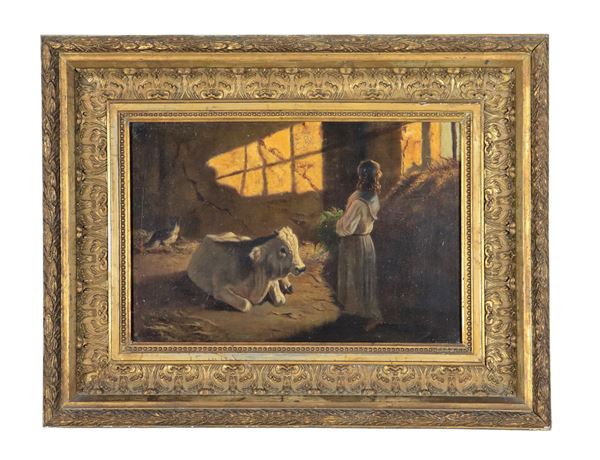 Scuola Italiana Fine XIX Secolo - "Stable interior with shepherdess and cow", small oil painting on panel