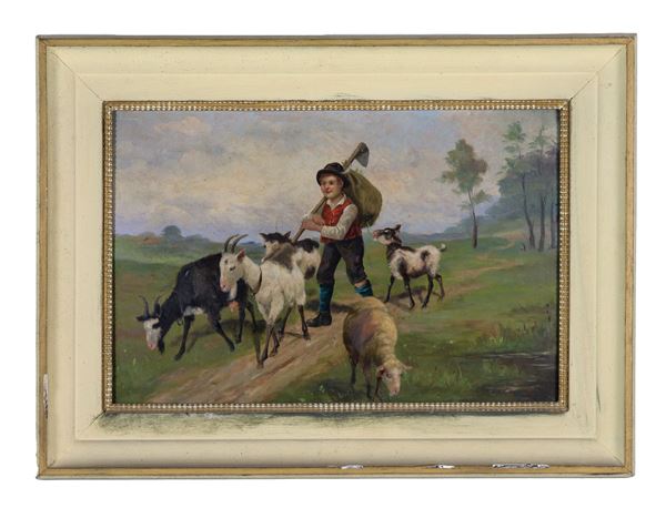 Josef Wenzel Suss - Signed. "Landscape with shepherd boy and flock of goats", small oil painting on pressed cardboard