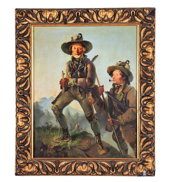 Pittore Austriaco Fine XIX Secolo - Signed and dated 1877. "Hunters", small oil painting on pressed cardboard