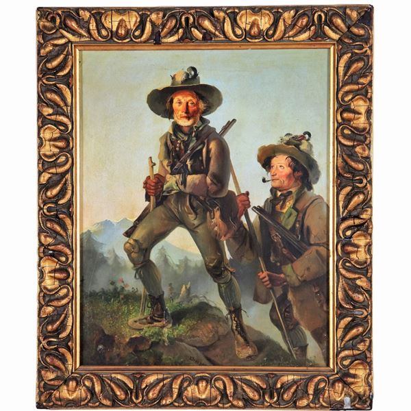 Pittore Austriaco Fine XIX Secolo - Firmato e datato 1877. "Cacciatori", piccolo dipinto ad olio su cartone pressato