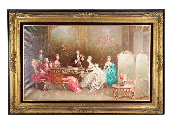 Raffaele Zeloni (Fine XIX Secolo) - Signed. "Interior of the patrician palace with the nobles' concert", luminous oil painting on canvas executed with meticulous stroke