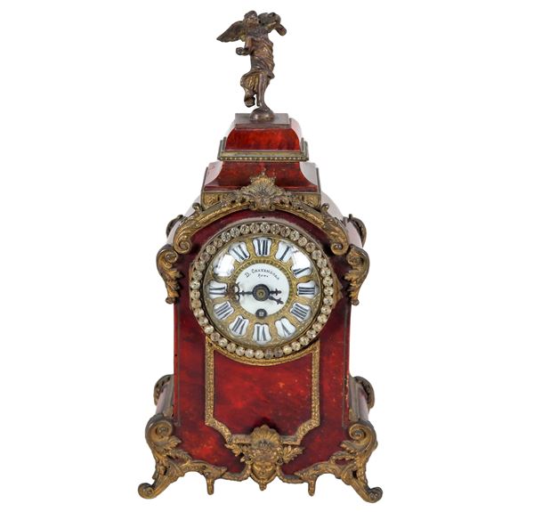 Ancient small Roman table pendulum clock from the Louis XV line, in fake tortoiseshell wood with gilt and chiseled bronze trimmings, dial signed D. Cravanzola - Rome
