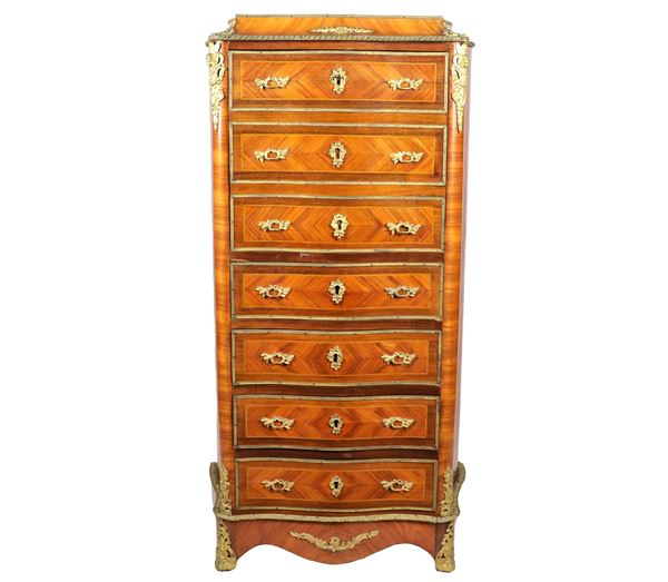Secretaire francese Epoca Napoleone III (1852-1870), in bois de rose ed ebano viola, con intarsi a filettature geometriche e fregi e guarnizioni in bronzo dorato e cesellato