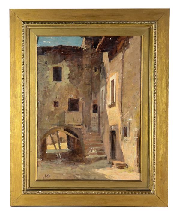 Pio Joris - Firmato. "Case di Anticoli", dipinto ad olio su tela applicata a cartone