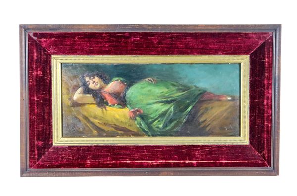 Pittore Spagnolo Fine XIX Secolo - Firmato. "Ragazza sdraiata", dipinto ad olio su tavola 