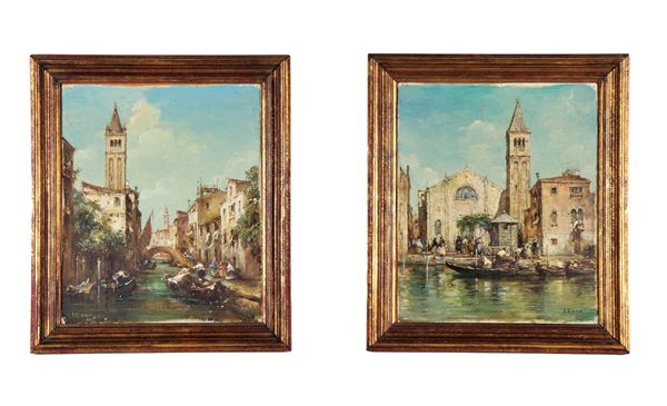 E. Zeno pseudonimo di Eugenio Bonivento - Firmati. "Vedute di Venezia", coppia di piccoli dipinti ad olio su tela applicata a masonite
