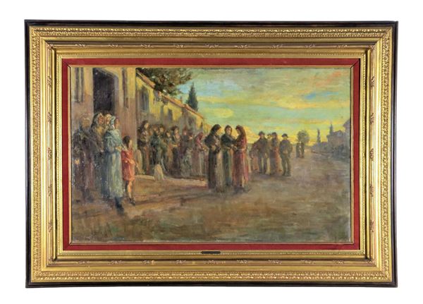Leon Marcello Banti - Signed. "The arrival at the church", oil painting on canvas