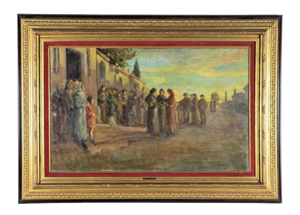 Leon Marcello Banti - Firmato. "L'arrivo in chiesa", dipinto ad olio su tela