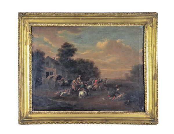 Scuola Veneta Fine XVII - Inizio XVIII Secolo - "Scena di combattimento presso la locanda", dipinto ad olio su tela