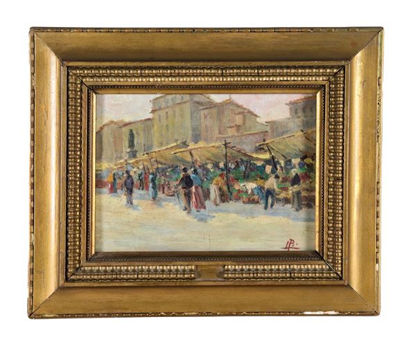 Pittore Italiano Fine XIX Secolo - Signed. "Local market", small oil painting on tablet