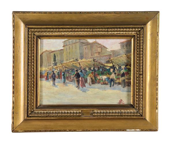 Pittore Italiano Fine XIX Secolo - Siglato. "Mercatino rionale", piccolo dipinto ad olio su tavoletta 