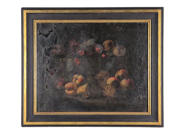 Scuola Napoletana Fine XVII - Inizio XVIII Secolo - "Still life of fruit and bunches of grapes", oil painting on canvas