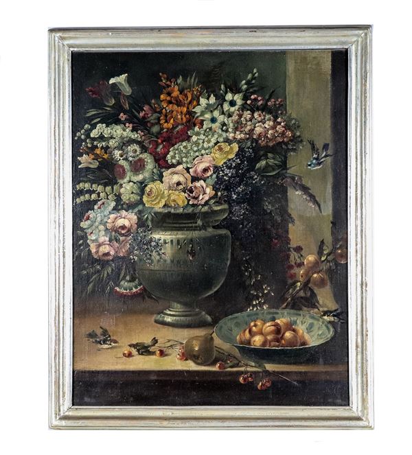 Scuola Italiana Inizio XVIII Secolo - "Natura morta con mazzo di fiori, vasellame , frutta e uccellini", dipinto ad olio su tela
