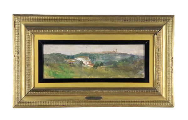 Lorenzo Gelati - Traccia di firma in basso a destra. "Paesaggio toscano con veduta di Villa", dipinto ad olio su tavoletta