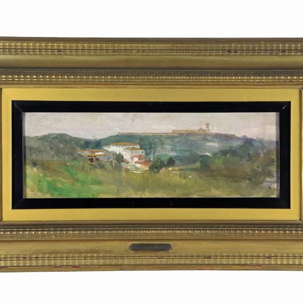 Lorenzo Gelati - Traccia di firma in basso a destra. "Paesaggio toscano con veduta di Villa", dipinto ad olio su tavoletta