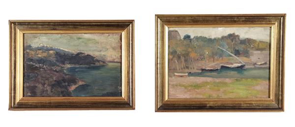 Pittore Italiano Fine XIX Secolo - "Coastal view with villages" and "Landscape with watercourse and boats", lot of two small oil paintings on panel and plywood