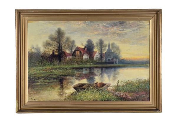 Arthur James Lewis - Firmato e datato sul retro della tela 1878. "Alba in un villaggio a Stratford on Avon", dipinto ad olio su tela