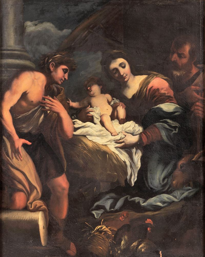 Bottega di. "Sacra famiglia", dipinto ad olio su tela di ottima esecuzione pittorica