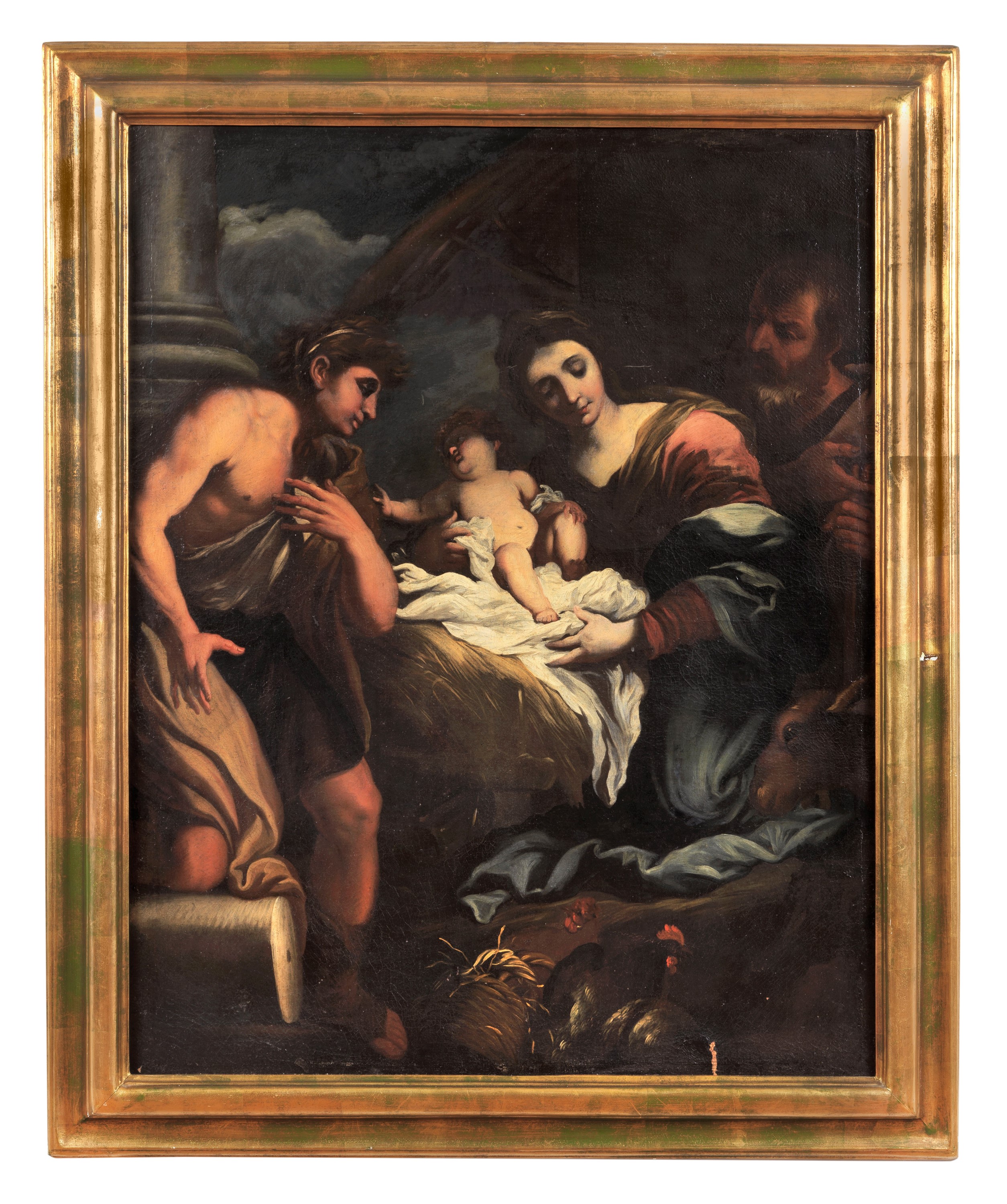 Bottega di. "Sacra famiglia", dipinto ad olio su tela di ottima esecuzione pittorica