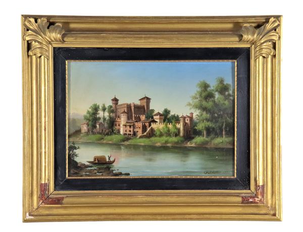 Giuseppe Falchetti - Signed and dated 1884 . "View with castle, stream and boat with fisherman", oil painting on panel