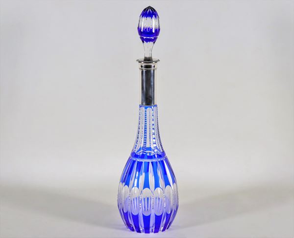 Cobalt blue Bohemian crystal bottle, with silver-coated neck and rim