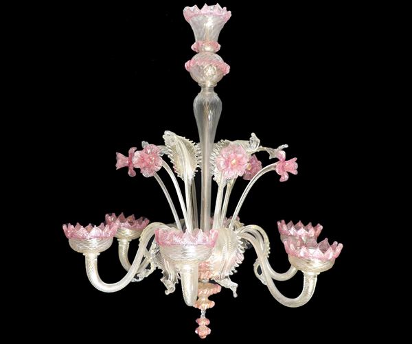 Murano blown glass chandelier with pink flowers and leaves, 6 lights