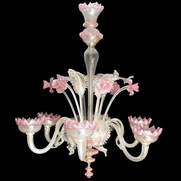 Lampadario in vetro soffiato di Murano con fiori e foglie rosa, 6 luci