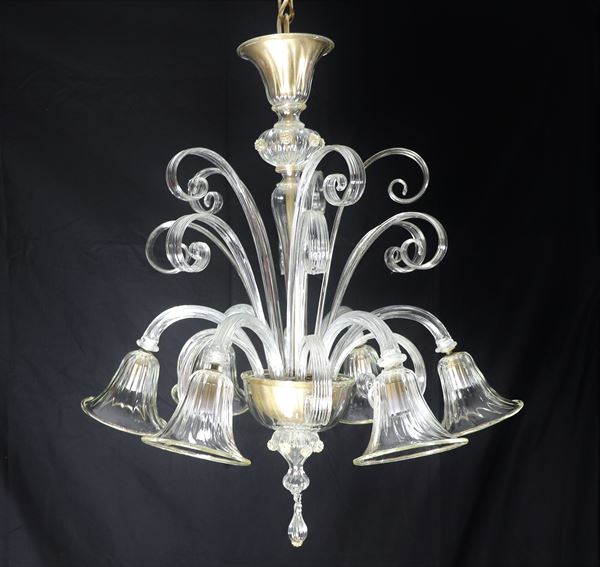 Transparent blown Murano glass chandelier with flowers and leaves, 6 lights