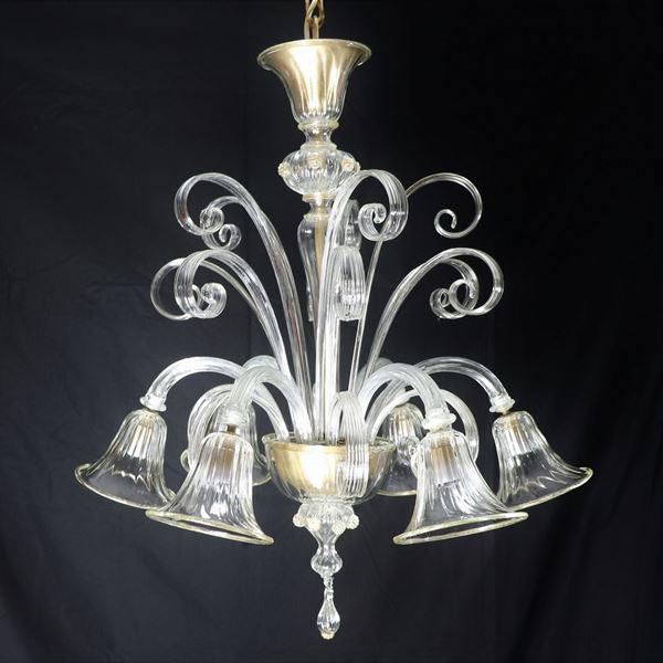 Lampadario in vetro soffiato di Murano trasparente con fiori e foglie, 6 luci