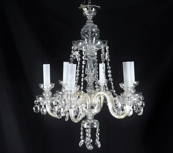 Transparent blown Murano glass chandelier with prisms and calatines, 6 lights  - Auction Timed Auction - FURNITURE AND ANTIQUES - Gelardini Aste Casa d'Aste Roma