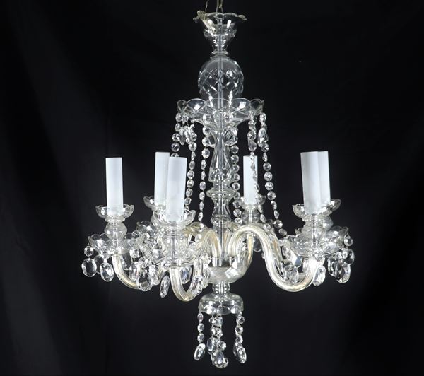 Lampadario in vetro soffiato di Murano trasparente con prismi e calatine, 6 luci