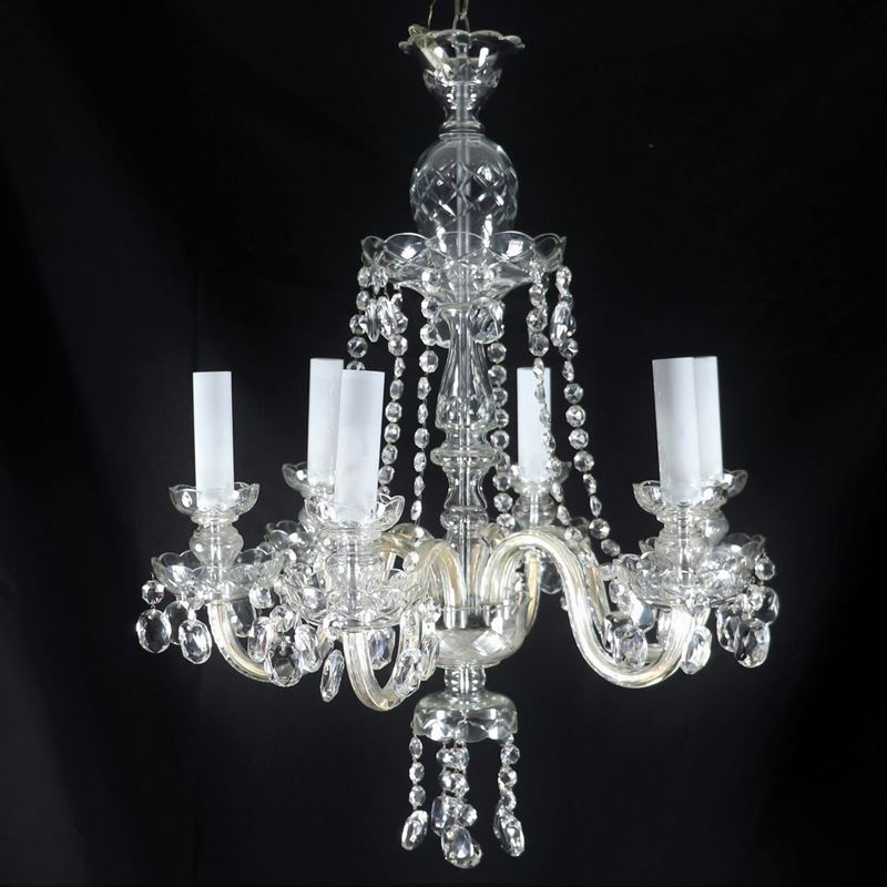 Lampadario in vetro soffiato di Murano trasparente con prismi e calatine, 6 luci