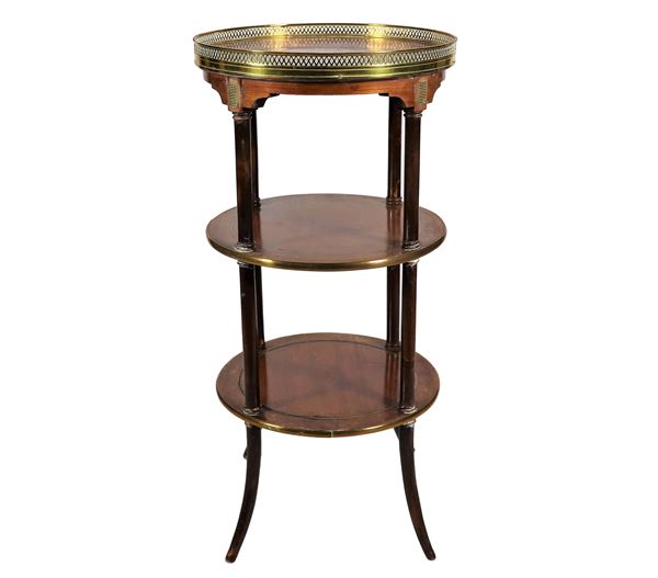 French gueridon for Napoleon III center (1852-1870), round shape with three shelves, gilded metal trimmings, marble top with perforated railing and four saber legs