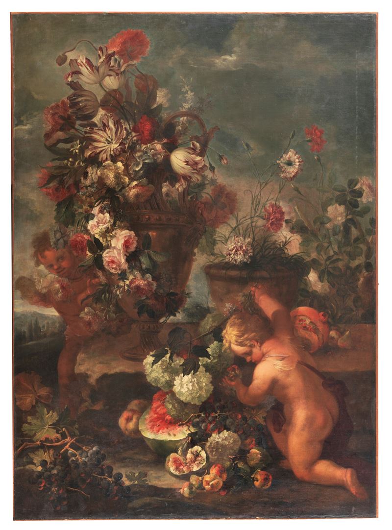 Attribuito. "Natura morta di fiori, frutta e puttini", dipinto ad olio su tela di ottima e fine e...