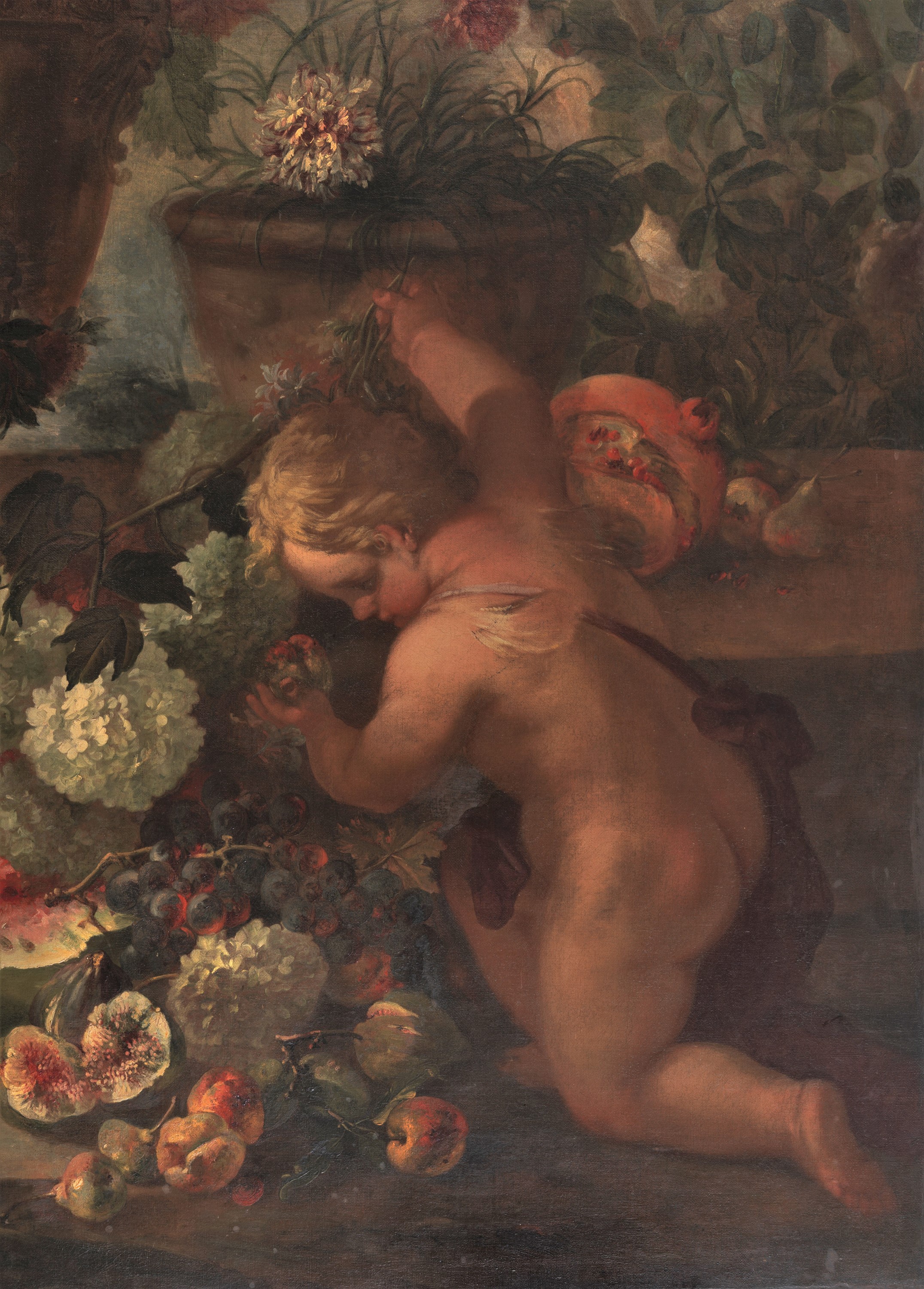 Attribuito. "Natura morta di fiori, frutta e puttini", dipinto ad olio su tela di ottima e fine e...