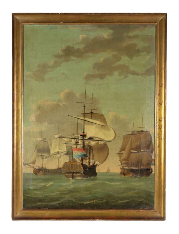 Scuola Francese Fine XVIII Secolo - "Marina con velieri", dipinto ad olio su tela di ottimo tratto pittorico