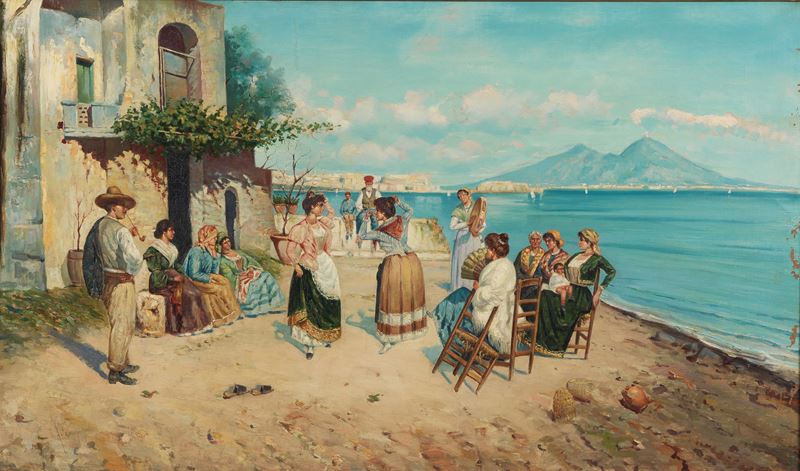Firmato. "Festa popolare con la tarantella", luminoso dipinto ad olio su tela
