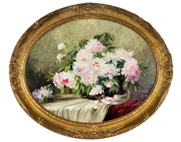 Schiele H.O. (Met&#224; XIX Secolo) - Firmato. "Vaso con mazzo di peonie", dipinto ovale ad olio su compensato