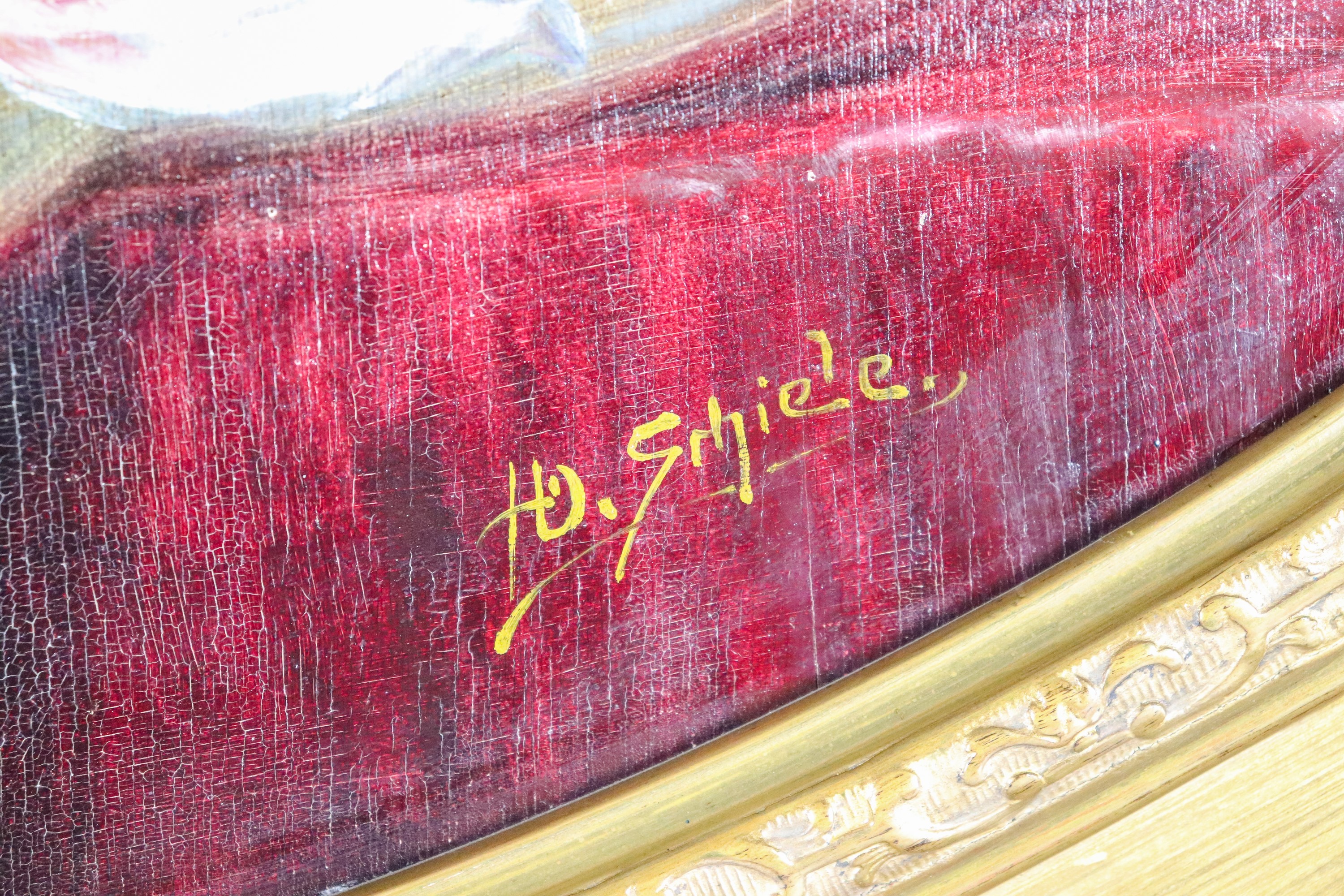 Firmato. "Vaso con mazzo di peonie", dipinto ovale ad olio su compensato