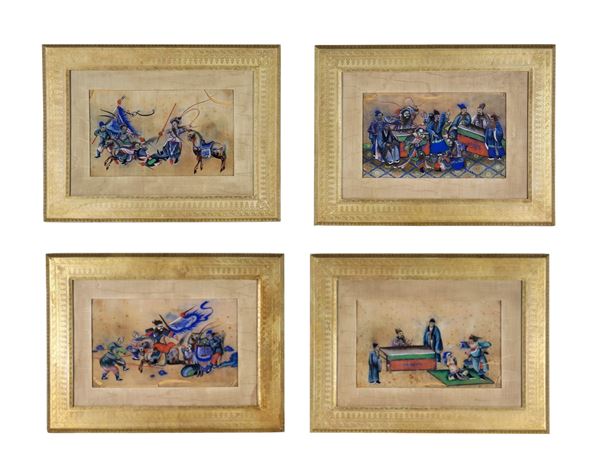 Lotto di quattro antichi dipinti cinesi su carta di riso "Scene di combattimento e torture"
