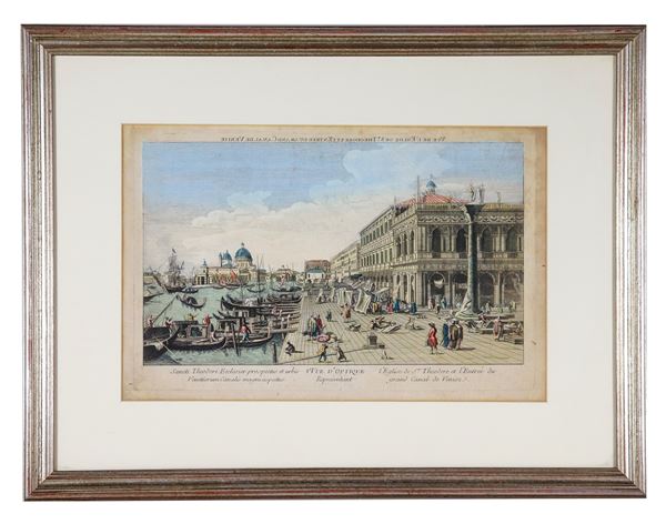 Antica incisione acquarellata su carta "Veduta di Venezia con la Chiesa di San Teodoro e il Canal Grande"