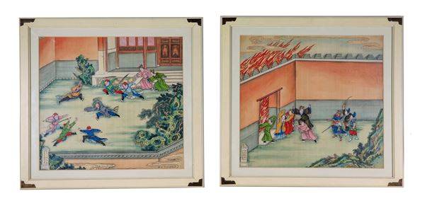 "Scene di combattimento all'interno del palazzo", coppia di antichi dipinti cinesi su seta con iscrizioni