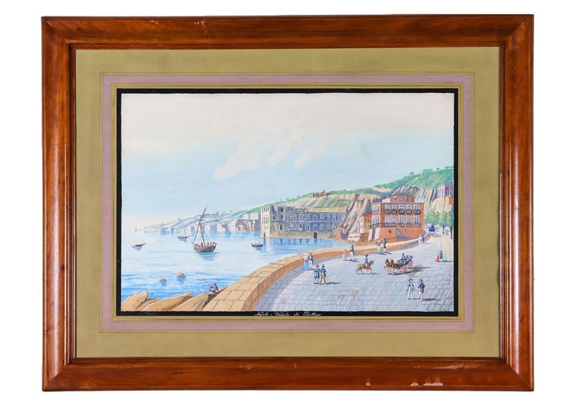 "Napoli con veduta di Posillipo", gouache napoletana su carta