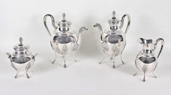 Coffee service in chiselled and embossed silver with Empire motifs, gr. 2390