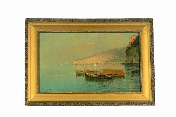 Oscar Ricciardi - &quot;View of the Sorrento Coast with Punta Scutari, boats and fishermen&quot;. Signed and dated