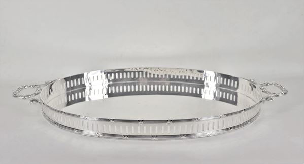 Grande vassoio ovale in argento Sterling 925, con ringhierina traforata e manici a forma di serpenti intrecciati, gr. 4090