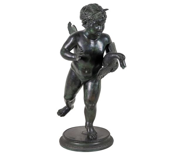 "Winged putto with swan", neoclassical sculpture in patinated bronze