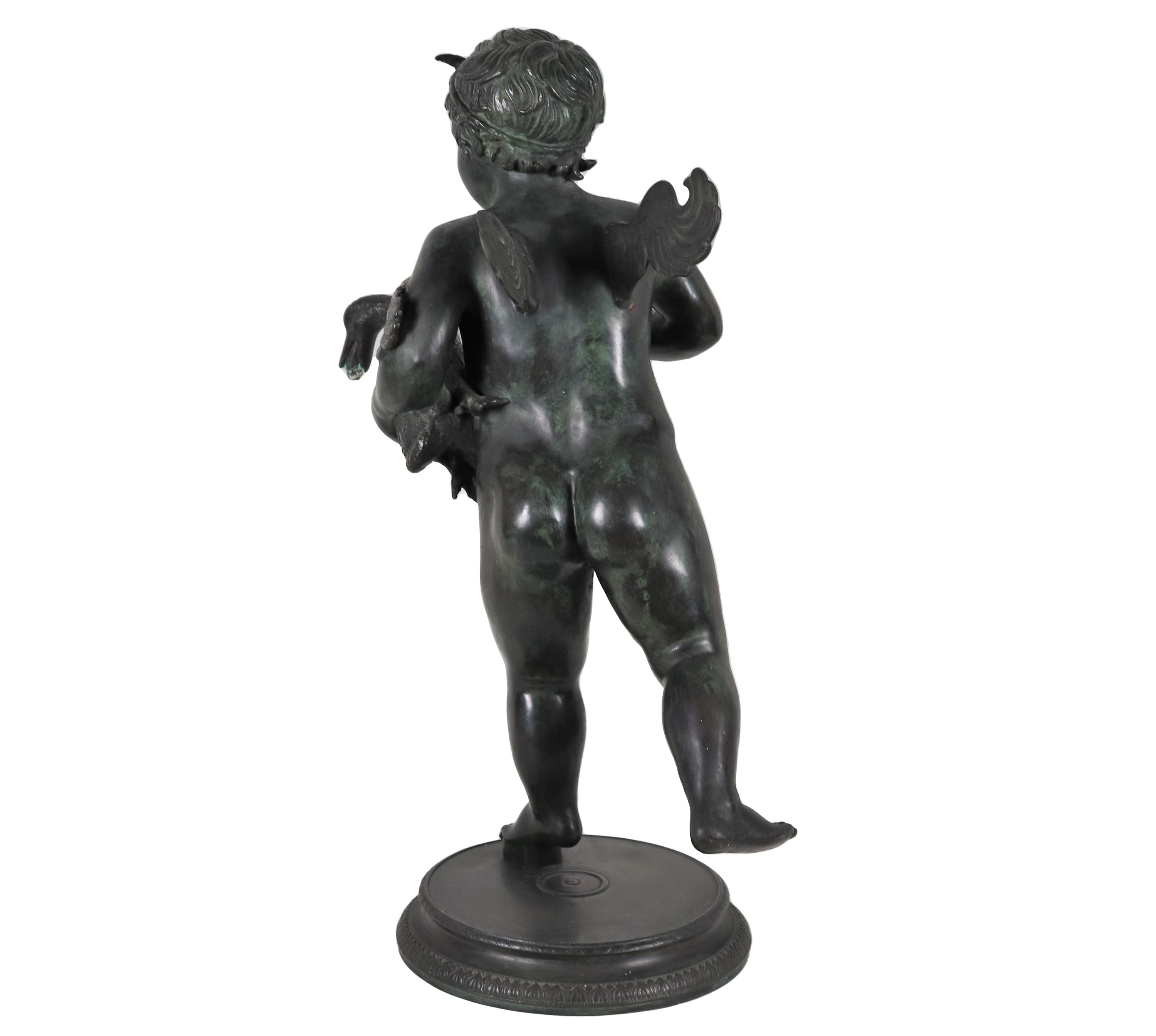 "Putto alato con cigno", scultura neoclassica in bronzo patinato