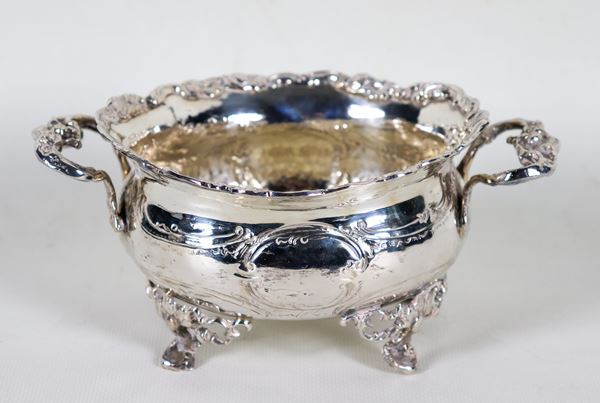 Silver sugar bowl with two handles, entirely chiselled and embossed with Louis XV motifs, supported by four curved feet, gr. 310