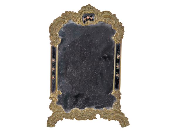 Ancient small French table mirror, in gilded, chiseled and embossed bronze, with flower motif decorations